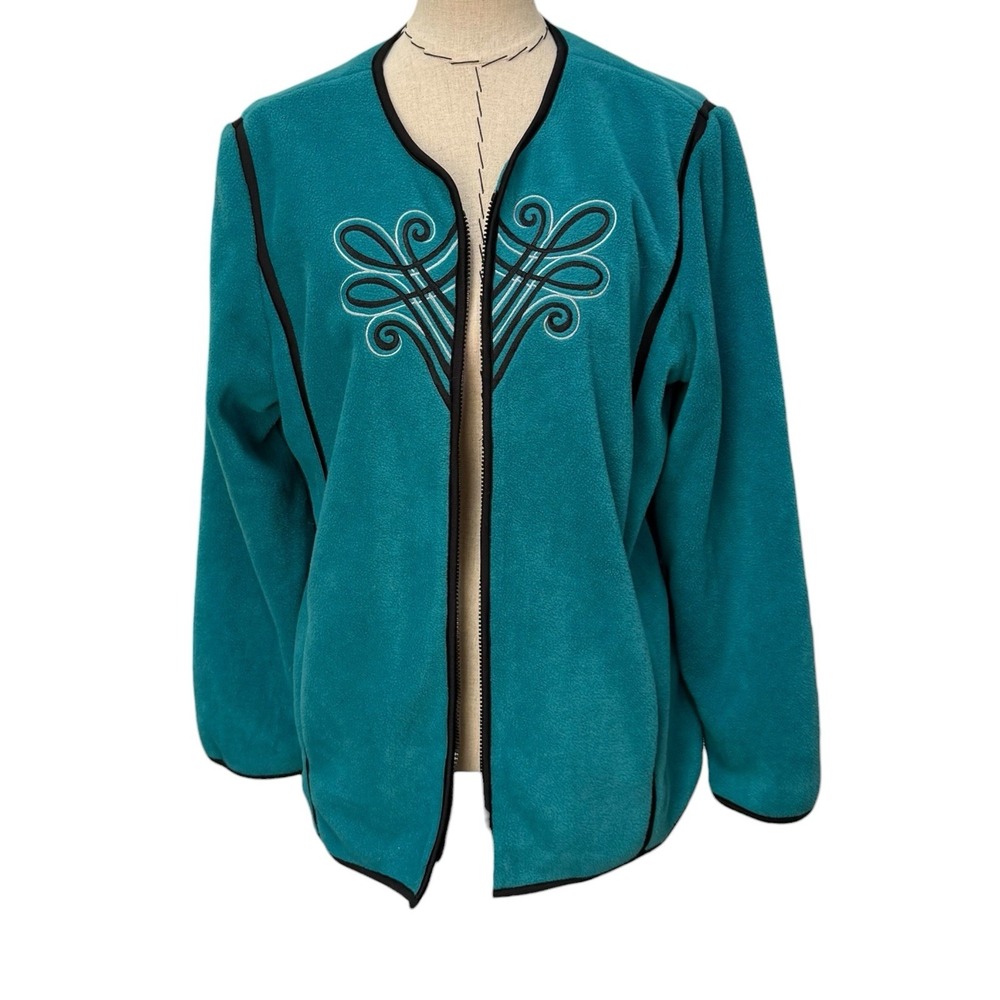 Bob Mackie Wearable Art Embroidered Fleece Jacket Teal Black Large Classic EUC
